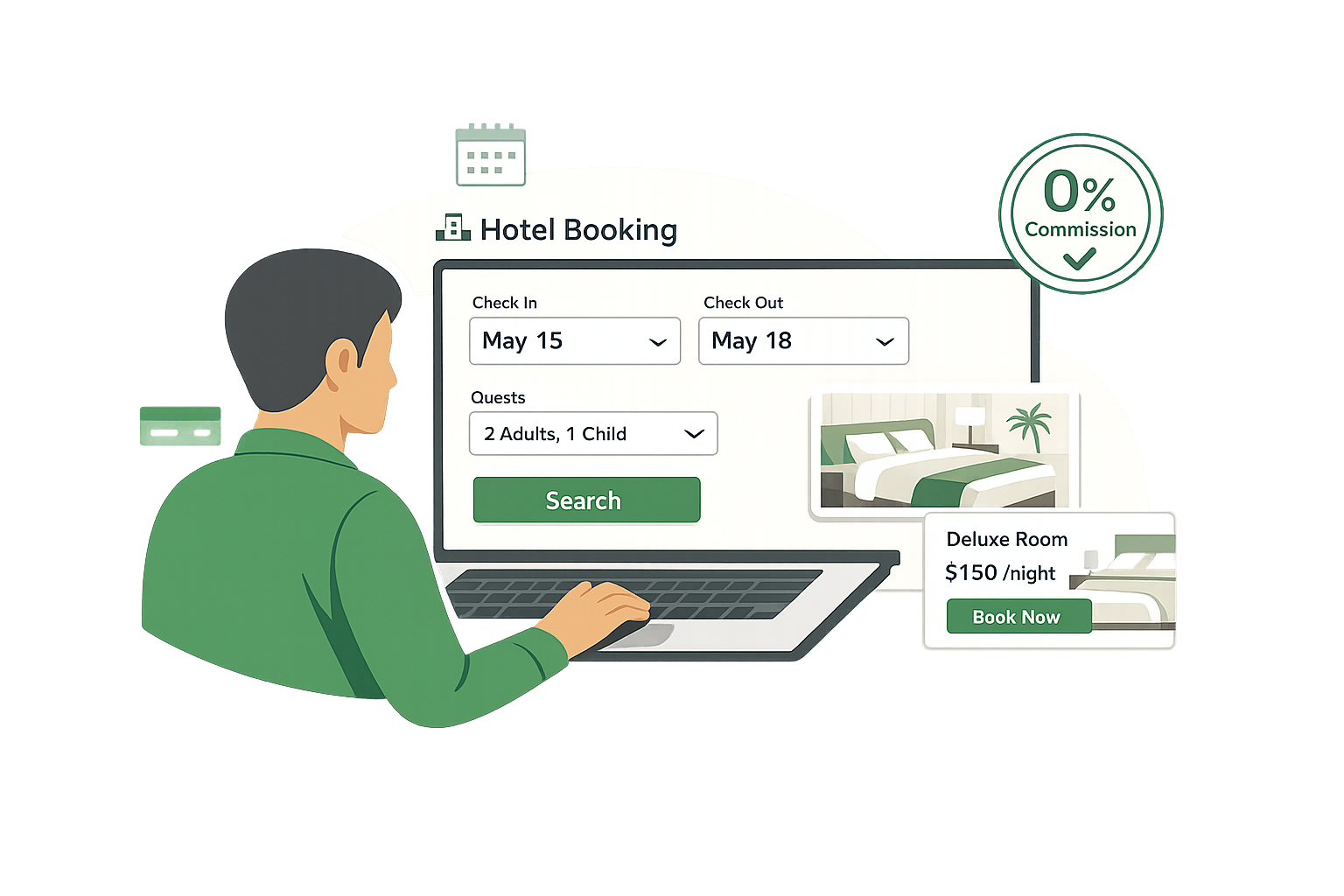 Illustration of a hotel website with a direct booking flow capturing commission-free reservations