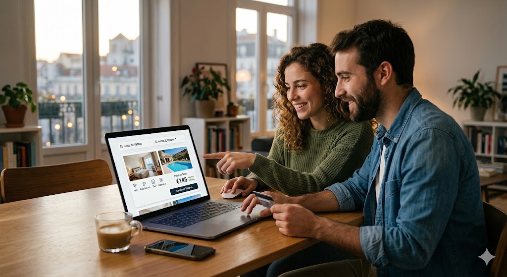 Página de reservas mostrando el selector de fechas, búsqueda de habitaciones y disponibilidad en tiempo real