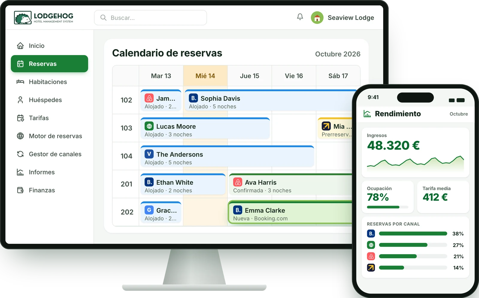 Calendario de reservas de LodgeHog en la computadora e informe de rendimiento en el celular