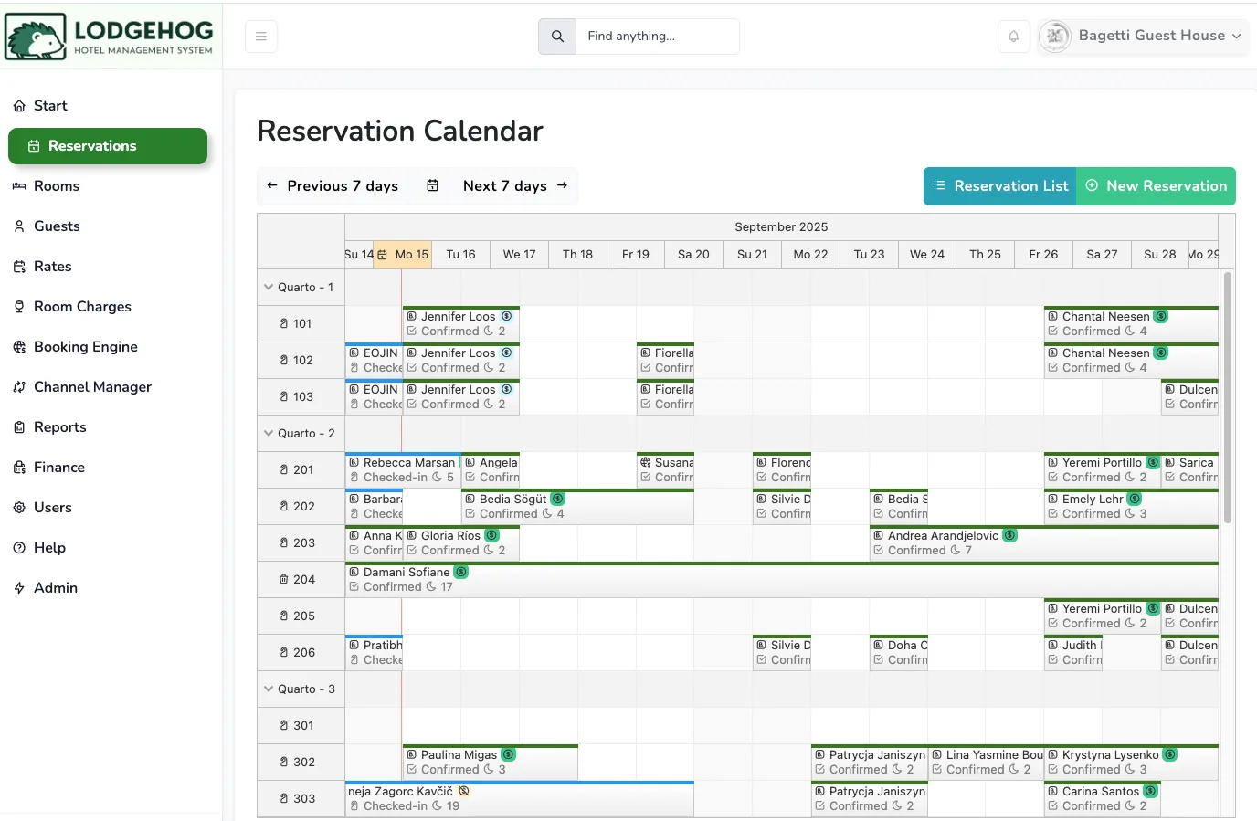 Calendario de reservas del PMS de LodgeHog mostrando las próximas reservas de huéspedes